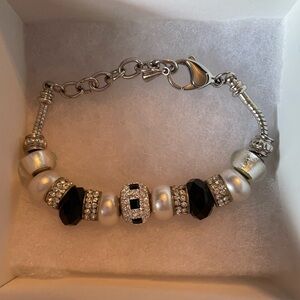 Bella Perlina Silver and Black Charm Bracelet with Sparkling Accents